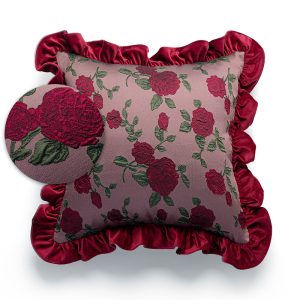 Vintage English Rose Floral Pillow - Retro Ruffled Edge Sofa Cushion, Palace Style Wine Red, Bedside Accent