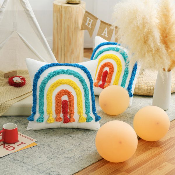 Ethnic Bohemian Style Plush Rainbow Pillow Cover