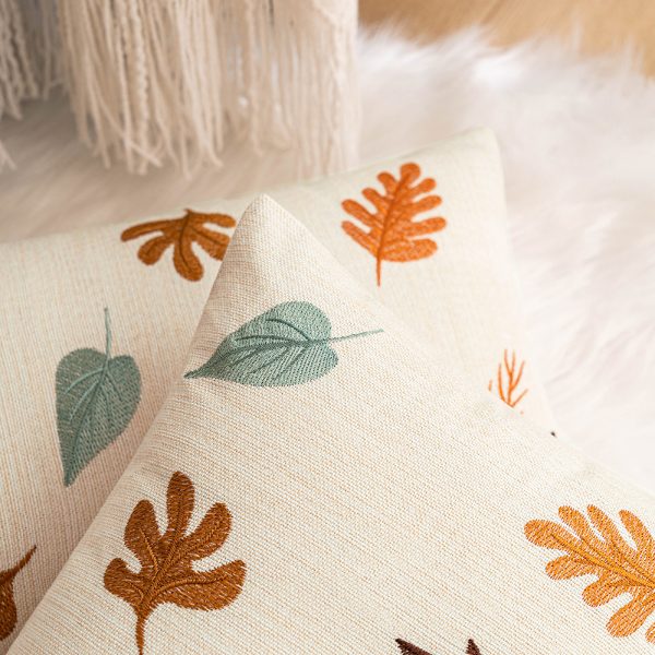 Autumn Maple Leaf and Pumpkin Embroidered Pillow Cover