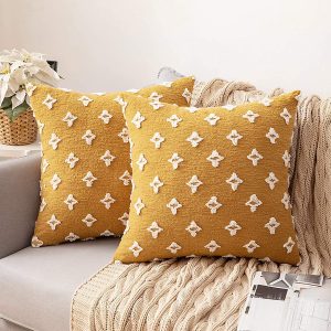 Home Decor Cushion Cover - Starry Cotton Linen Floral Waist Pillow, Bedroom Window Seat Accent, Living Room Sofa Throw Pillow, Color: Ginger Yellow, Patterns: Solid Color, Heart Shape, Cover Material: Cotton Linen, 45cm x 45cm (Pillow Insert Not Included)