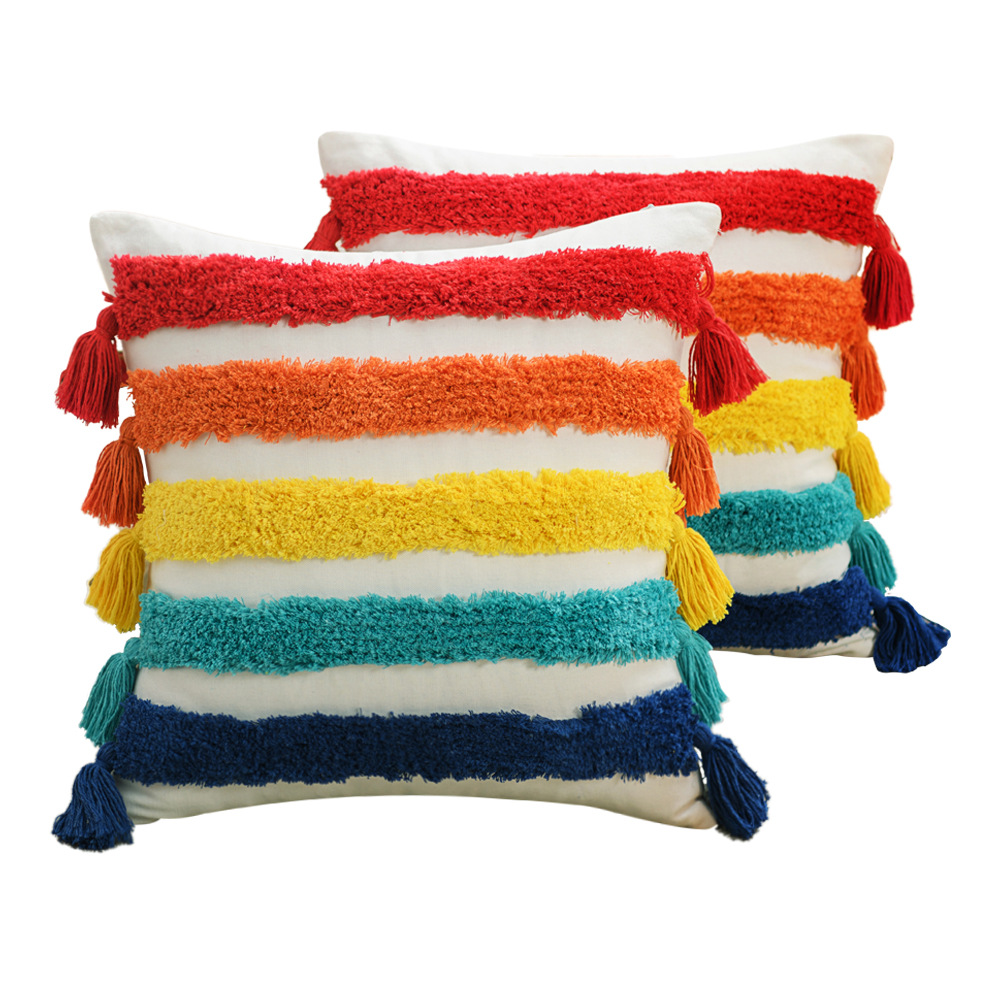 Ethnic Bohemian Style Plush Rainbow Pillow Cover