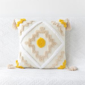 Bohemian Geometric Plush Velvet Pillow Cover - Tassel Trim, Home Decor Lumbar Cushion, Minimalist Style