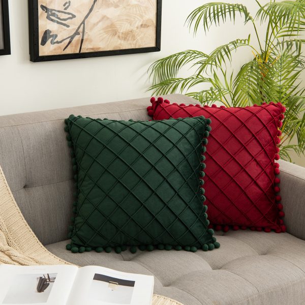 Velvet Diamond Grid Pom Pom Pillow