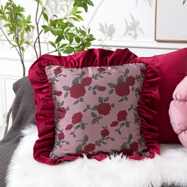 Vintage English Rose Floral Pillow - Retro Ruffled Edge Sofa Cushion, Palace Style Wine Red, Bedside Accent