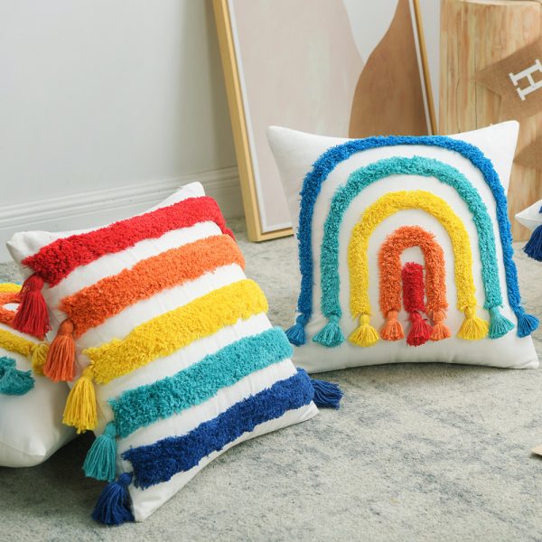 Ethnic Bohemian Style Plush Rainbow Pillow Cover