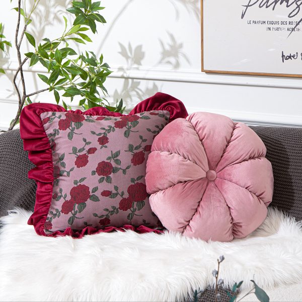 Vintage English Rose Floral Pillow - Retro Ruffled Edge Sofa Cushion, Palace Style Wine Red, Bedside Accent