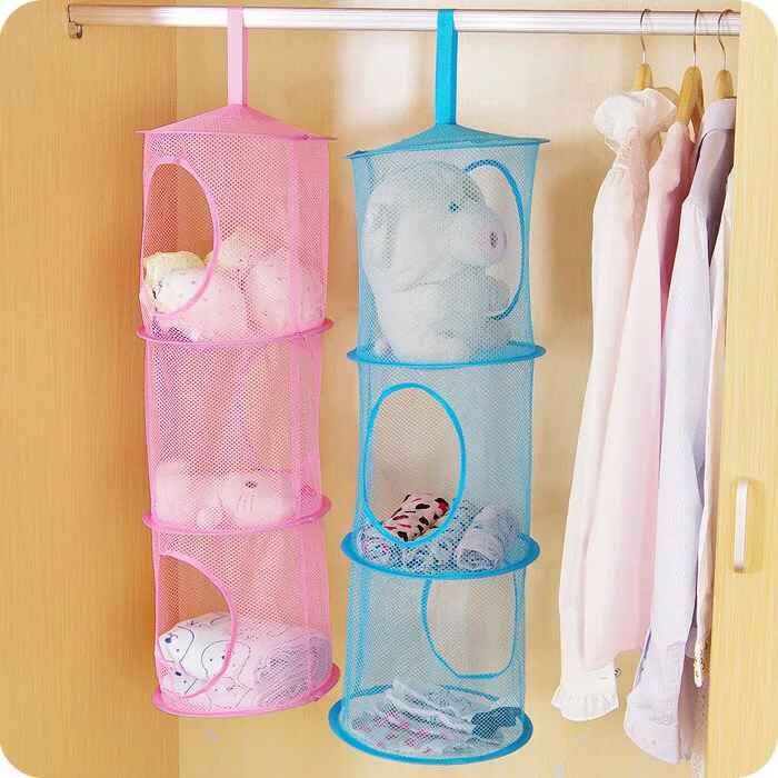 3 Compartments Mesh Foldable Hanging Storage Basket Bag