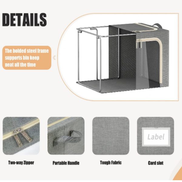 3 Pack Foldable Openings Metal Frame ClothesStorage Bins