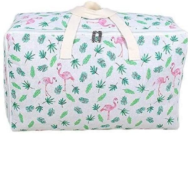 Cartoon Pattern Cotton Quilt Luggage Green Leafy Flamingo Storage Bag