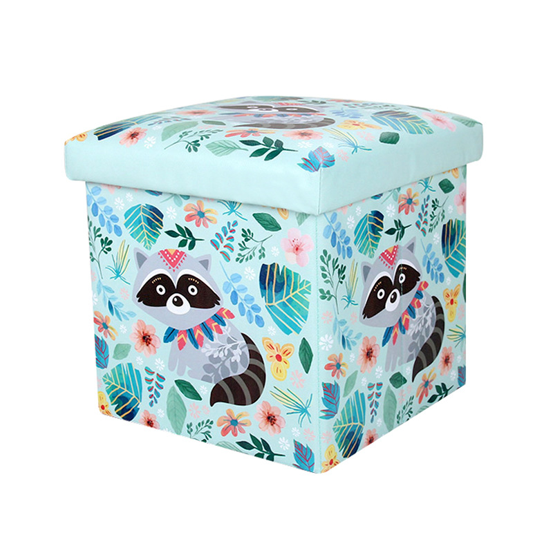 Leather Square Stool - Adult-Sized Seating with Cartoon Children's Storage