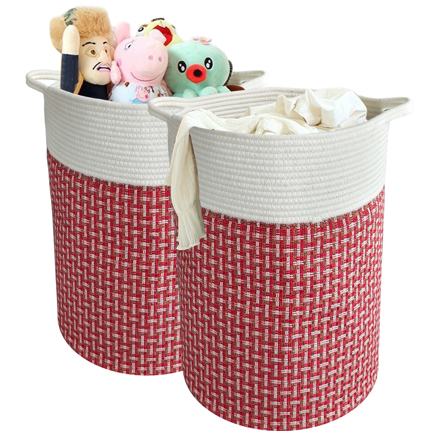 2 Pack Collapsible Tall Woven Cotton Rope Laundry Baskets