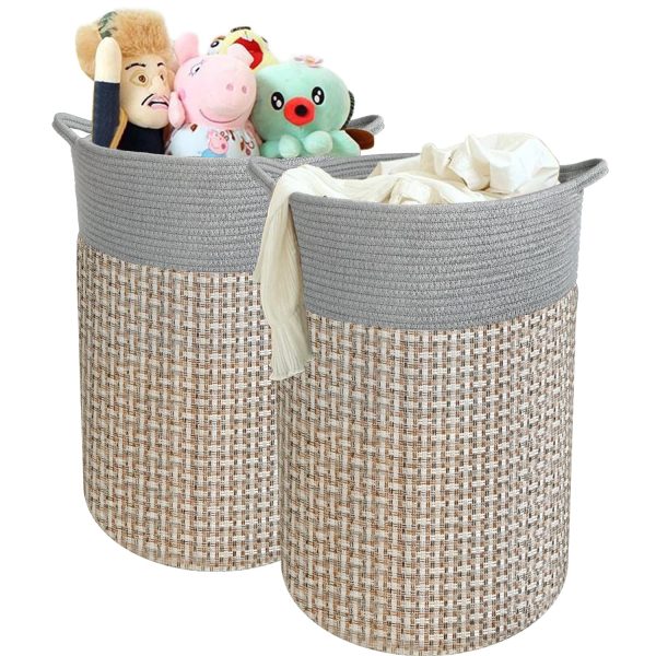 2 Pack Collapsible Tall Woven Cotton Rope Laundry Baskets