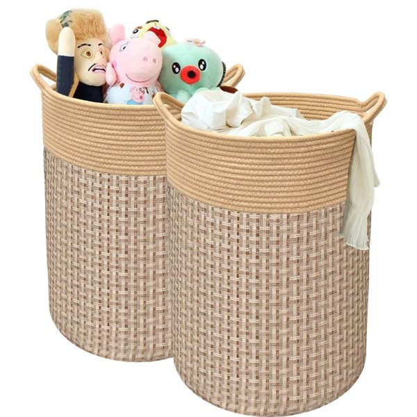 2 Pack Collapsible Tall Woven Cotton Rope Laundry Baskets