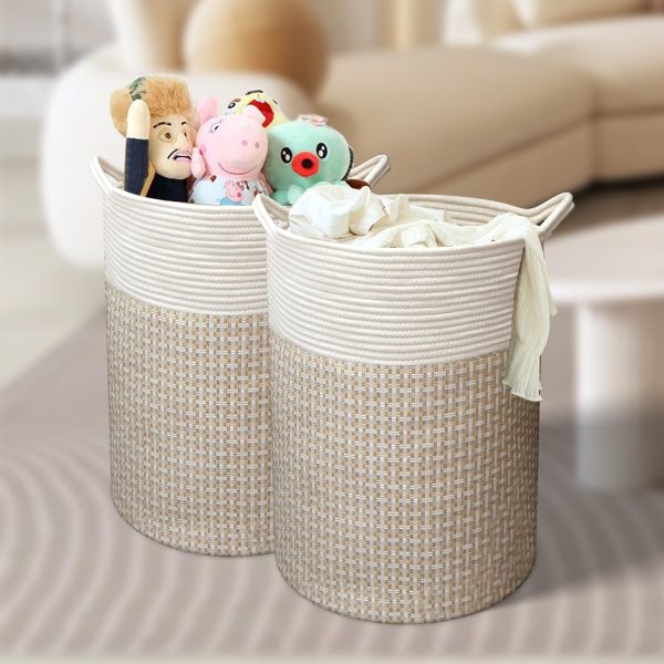 2 Pack Collapsible Tall Woven Cotton Rope Laundry Baskets